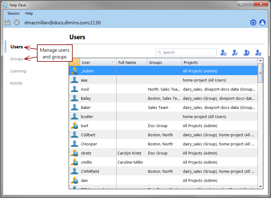 Help Desk Users and Groups Tabs